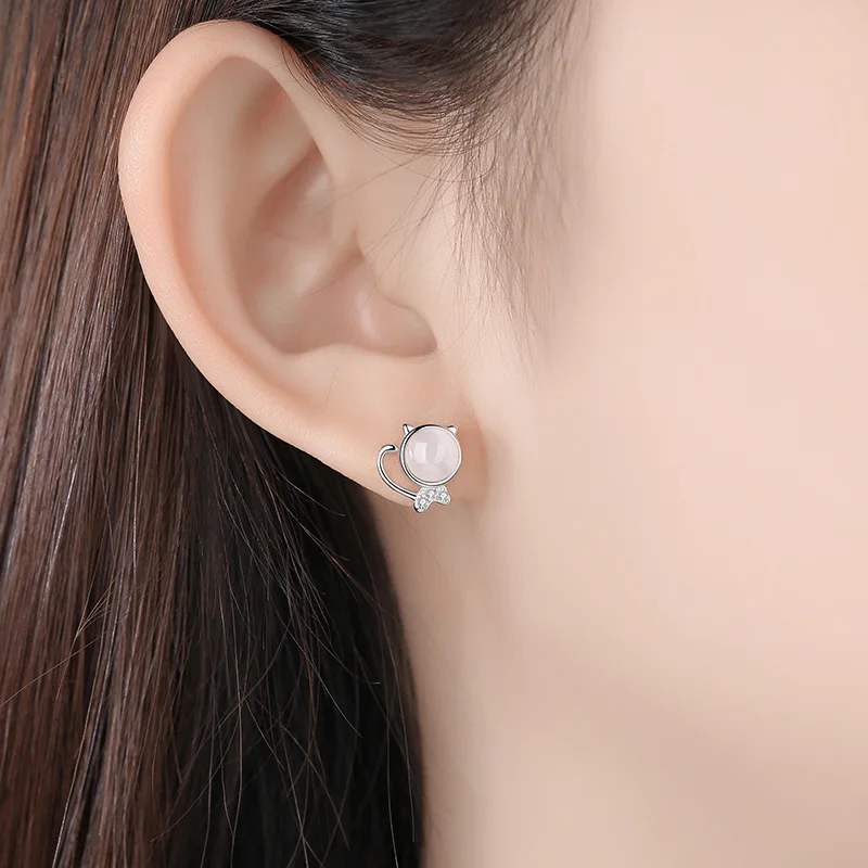 S925 sterling silver earrings small fresh cute micro-inlaid zircon opal kitten women's gift | Украшения и аксессуары