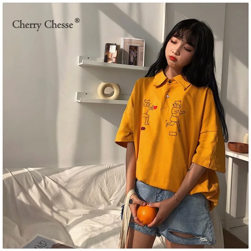 Cherry Chesse Harajuku мультфильм футболка короткий рукав отложной воротник Для женщин