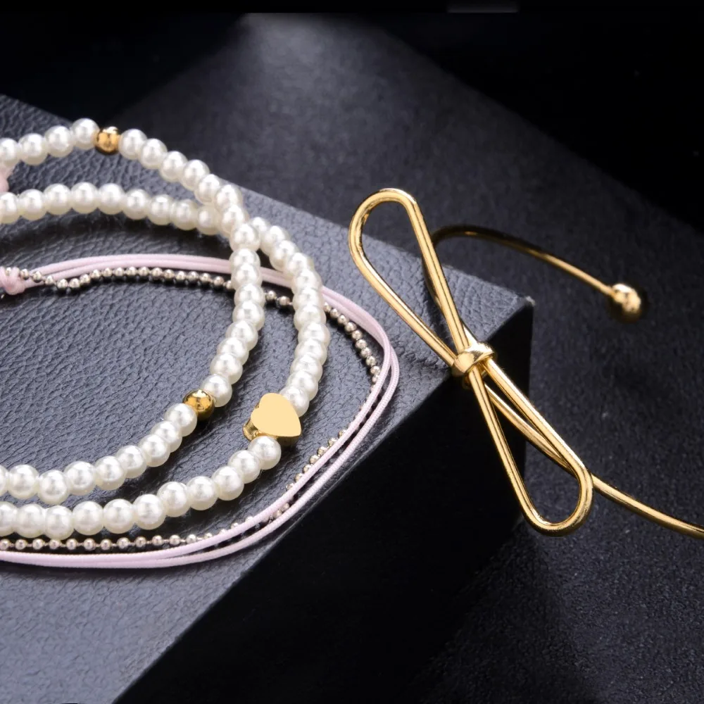 4 Pcs/Set Pearl String Bow Love Bracelet Stainless Steel Stylish Style Cuff Bracelets Personalized Gifts For Friends | Украшения и