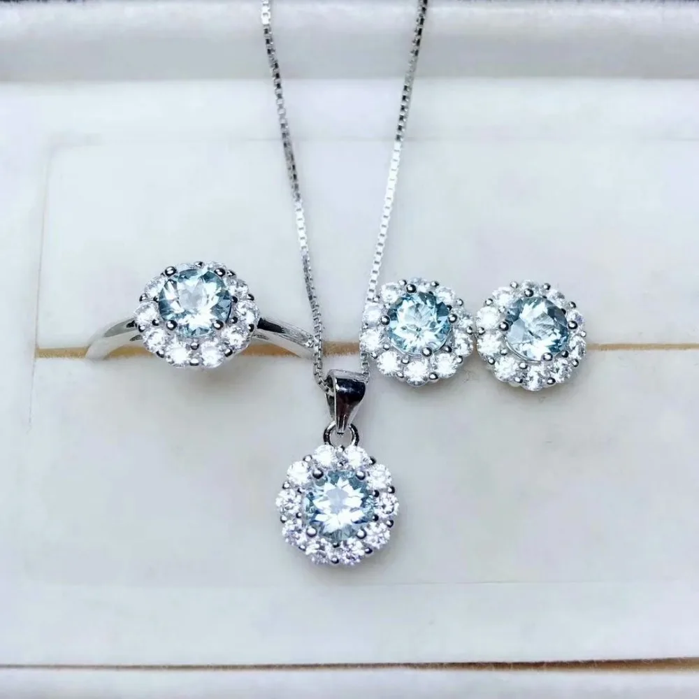 

shilovem 925 sterling silver real Natural aquamarine Rings pendants stud earrings fine Jewelry women wedding new mtz0505019aga