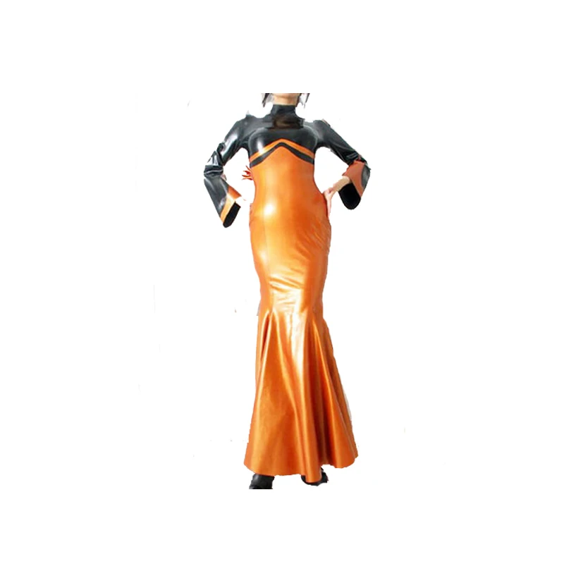 

Latex Rubber Women Masquerade Pagoda Sleeve Handsome Orange and Black Long Dress Size XXS-XXL