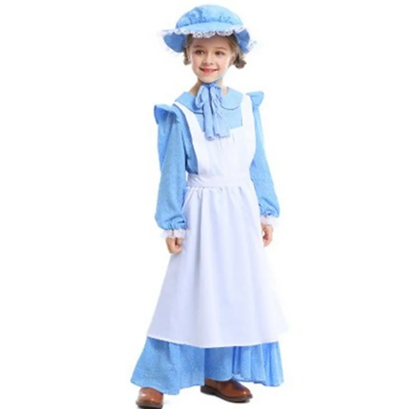 XS-XL Blue Medieval Girls Halloween Peasant Farmer woman Costumes kids Maid Cosplays Carnival Purim party Stage play dress | Тематическая