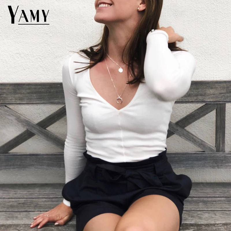 Осенние винтажные розовая рубашка с длинным рукавом Женщины crop top v шеи черный