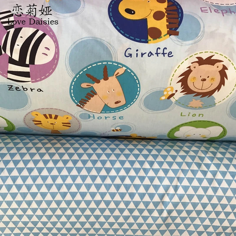 

100% cotton cartoon zoo animals blue tri-angle twill cloth DIY for kids bedding cushions handwork patchwork fabrics tissue tela