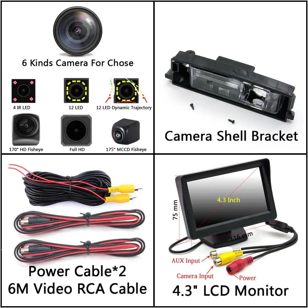 Camera 4.3 inch LCD 175 градусов MCCD рыбий глаз 12LED HD камера заднего вида для Toyota RAV4 Auris E180 Corolla Scion iM Toyota iQ Chery Tiggo автомобильный монитор - Название цвета: Camera 4.3 inch LCD