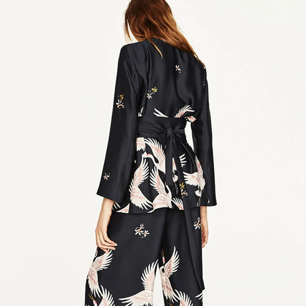 Новинка 2017 блейзеры кимоно с цветочным рисунком кран черный пояс костюм тонкая