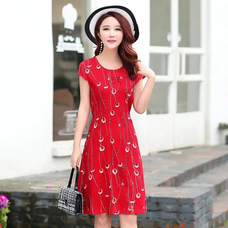 Плюс Размеры Женское платье Лето шею цельнокроеное с коротким рукавом средней