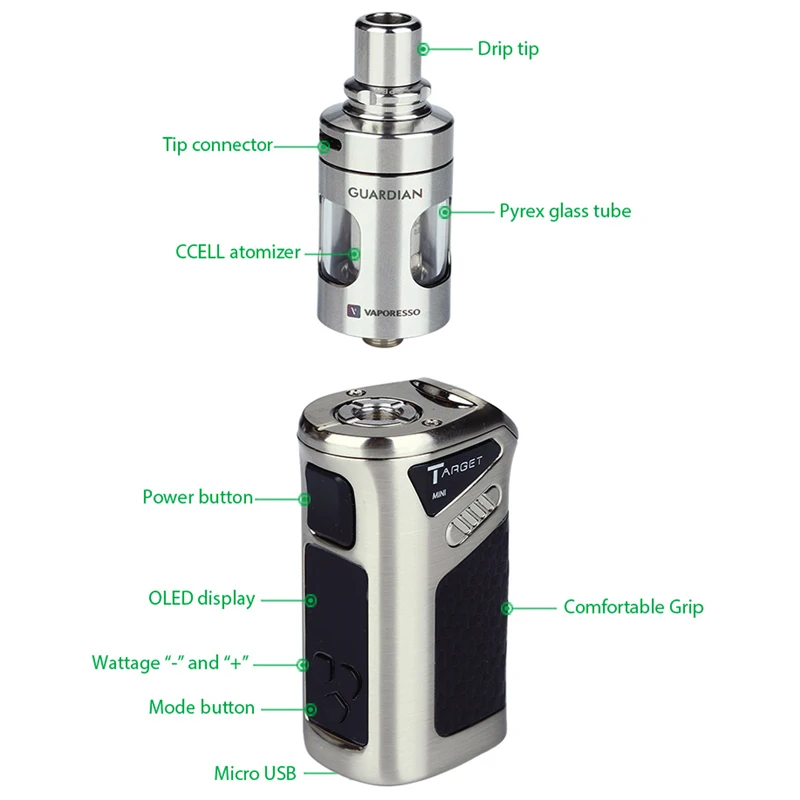 Vaporesso Target Mini 40 Вт стартовый комплект с защитным баком 2 мл 1400 мАч CCELL GD SS спиральная