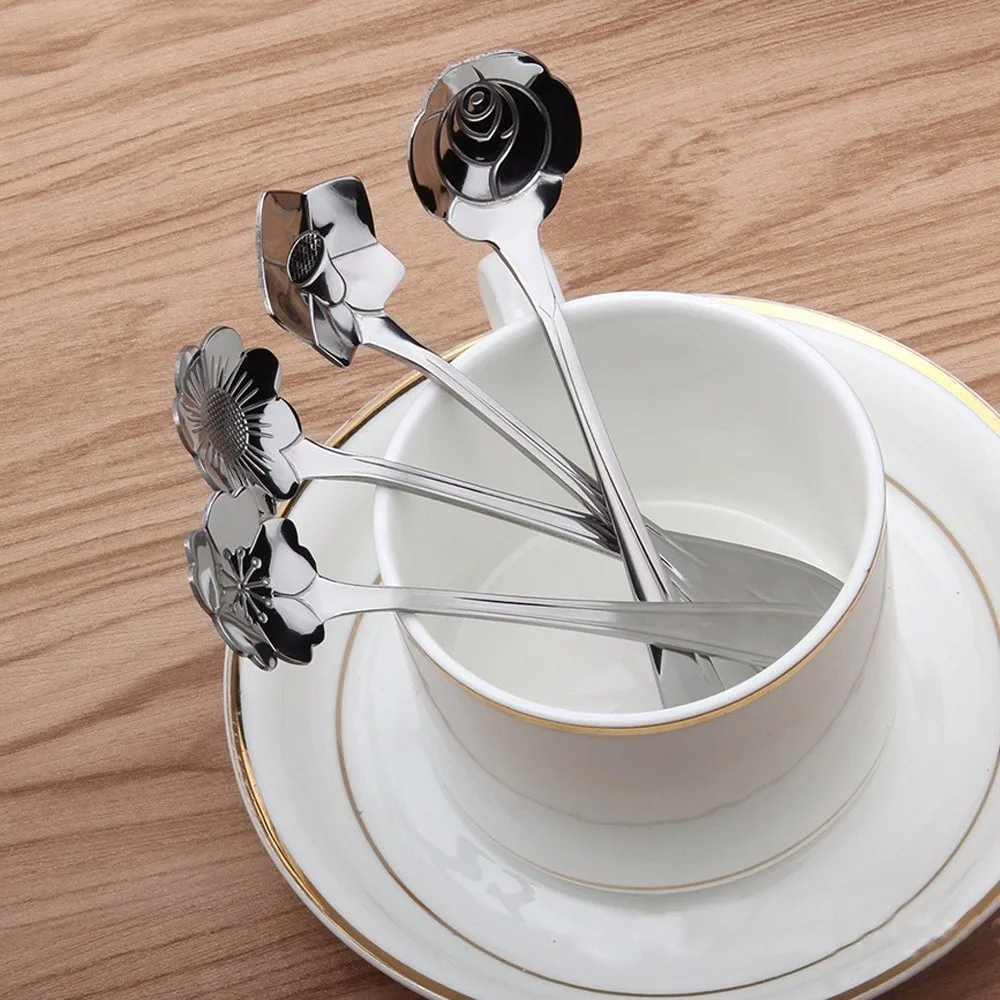 4 шт. Нержавеющая сталь ложки вишня Подсолнух цветы розы Эустома Чай ложка для