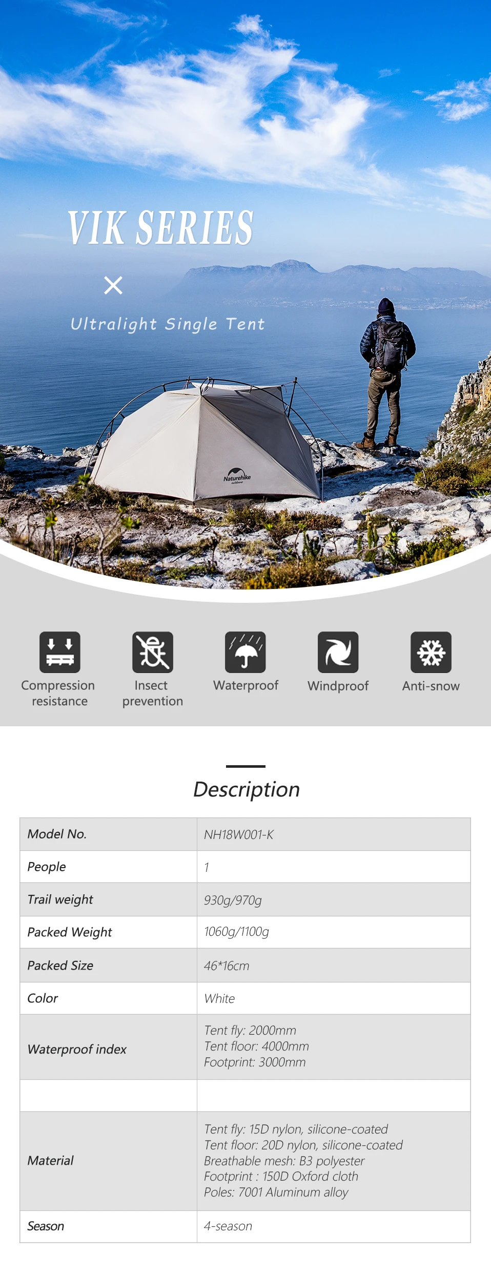 VIK Naturehike 1 человек один человек Сверхлегкий Палатка Открытый лагерь ul gear 1,1 кг