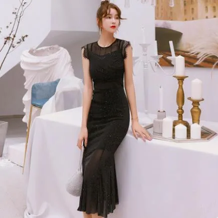 Vintage Black Новинка, женское летнее винтажное платье с круглым вырезом, элегантное вечернее платье до середины голени, платье русалки, платья без рукавов, черное платье - Цвет: Vintage Black