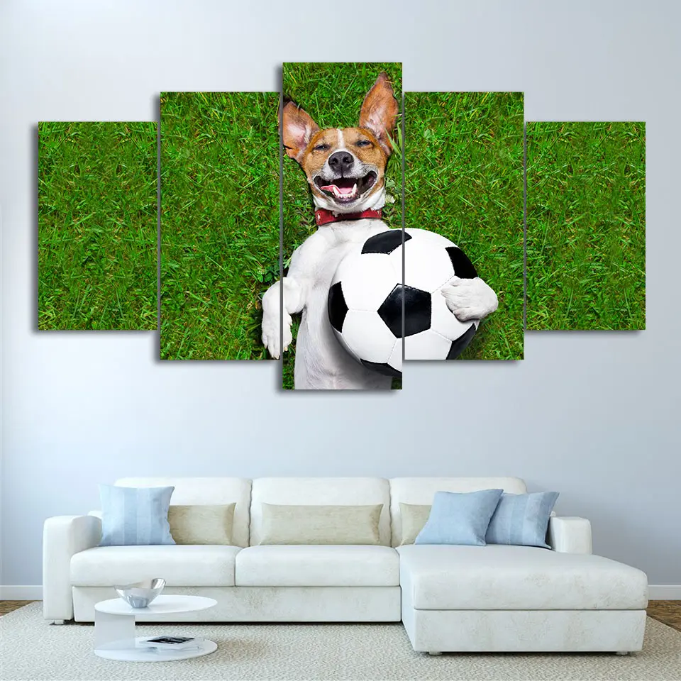 

Large Poster HD Printed Canvas Print 5 Panels Football Painting Dog Playing Pictures Gym Home Decor Wall Art For Living Room