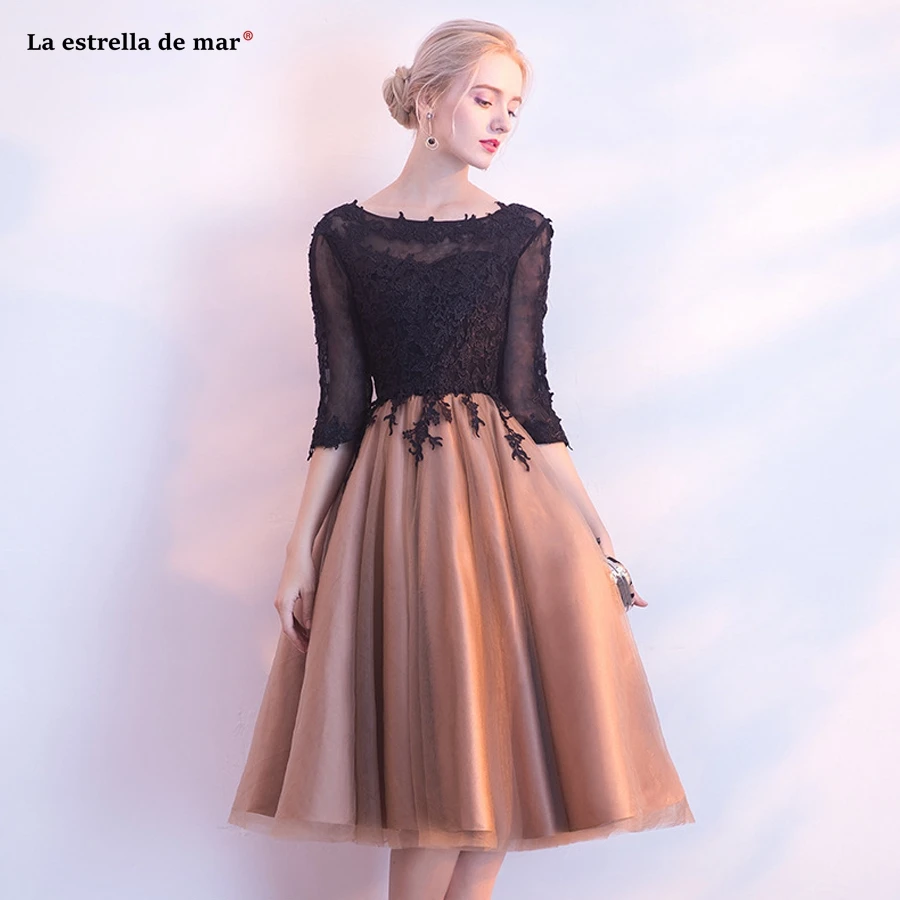 Vestidos mujer, коктейльное платье, черпак, воротник-хомут, кружево, половина рукава, черное, золотое, простроченное, коктейльное платье, длина до середины икры, платье для выпускного вечера