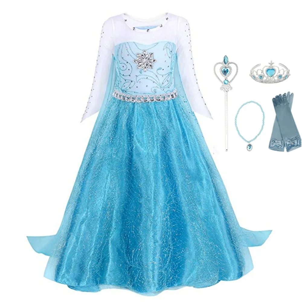 Dress 01 set Платье Эльзы; одежда с длинными рукавами; костюм принцессы Снежной Королевы для девочек; Детский карнавальный костюм на Хэллоуин; вечерние платья принцессы с волосами - Цвет: Dress 01 set