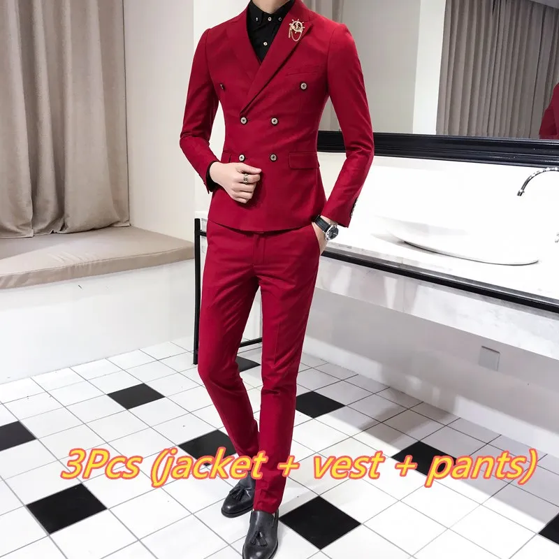 3 PCS Red Роскошный Королевский мужской костюм 3 комплекта модный бутик двубортный сплошной цвет свадебное платье Тонкий деловой, банкетный вечерний наряд - Цвет: 3 PCS Red