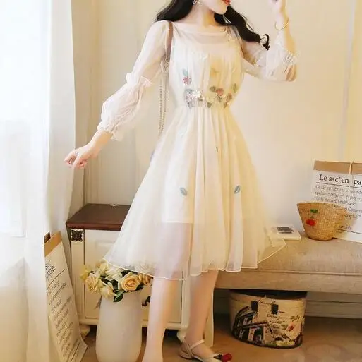 Vestido de festa Осеннее женское платье принцессы 2 предмета Цветочная вышивка три