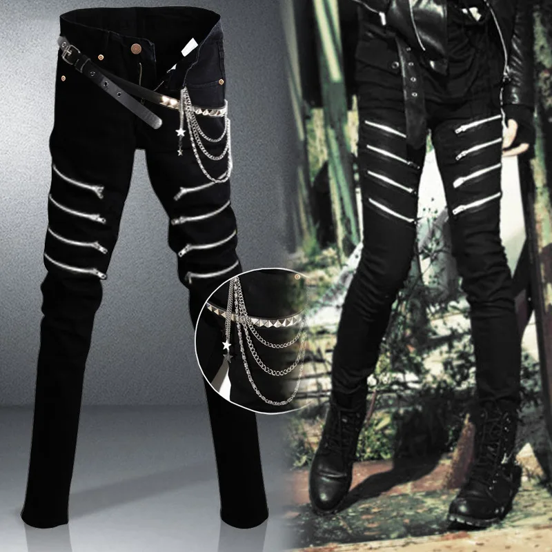 

Мужские облегающие джинсы, черные зауженные джинсы в стиле панк, хип-хоп, на молнии, байкерские брюки, пояса, 2022