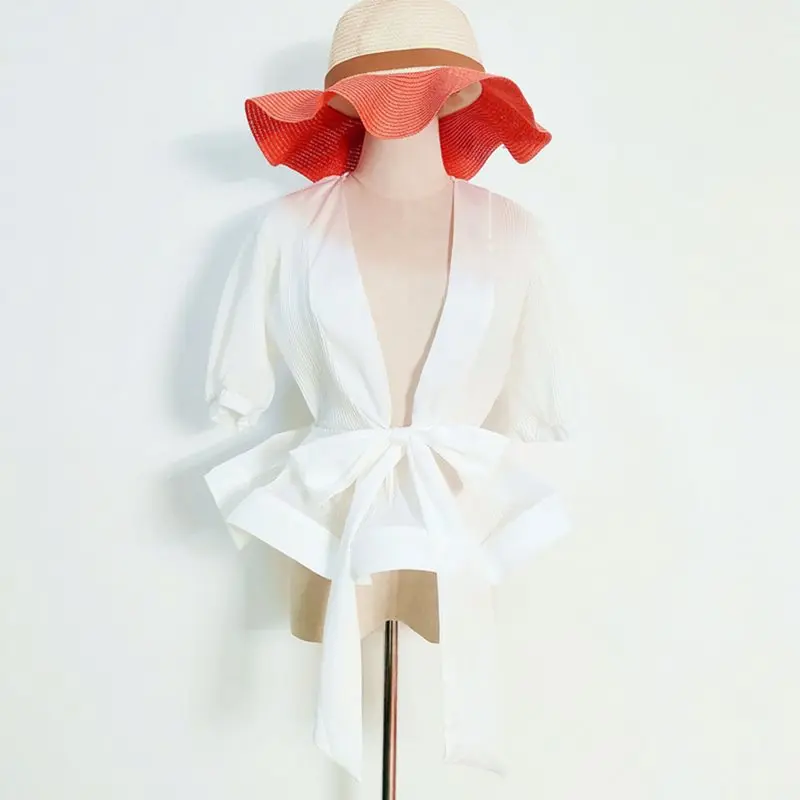 Женская шифоновая блузка с оборками 2019 сексуальная глубокий v образный вырез