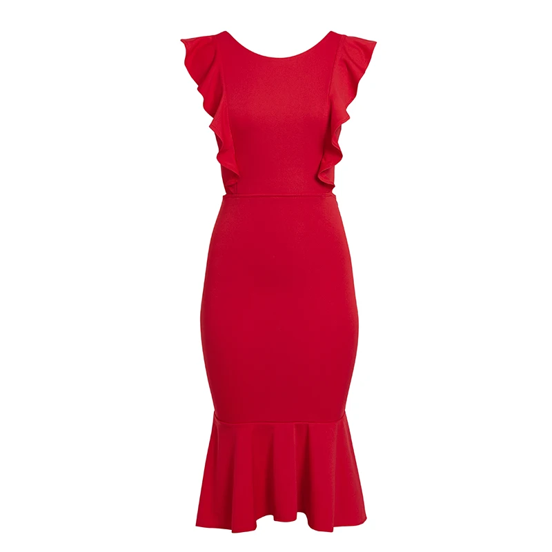 Conmoto 2019 Ruffles Red Party Dress Women Robe Femme Dresses Solid Sexy Bodycon Winter Vestidos | Женская одежда