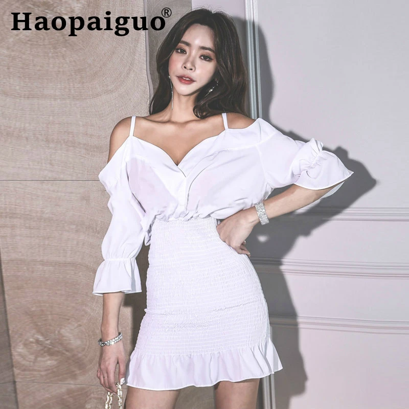 

2019 Summer Korean Mini Dress Women Off-shoulder Flare Sleeve Ruffles Bodycon Wrap Dress Women Modis Sundress Club Dresses Ropa
