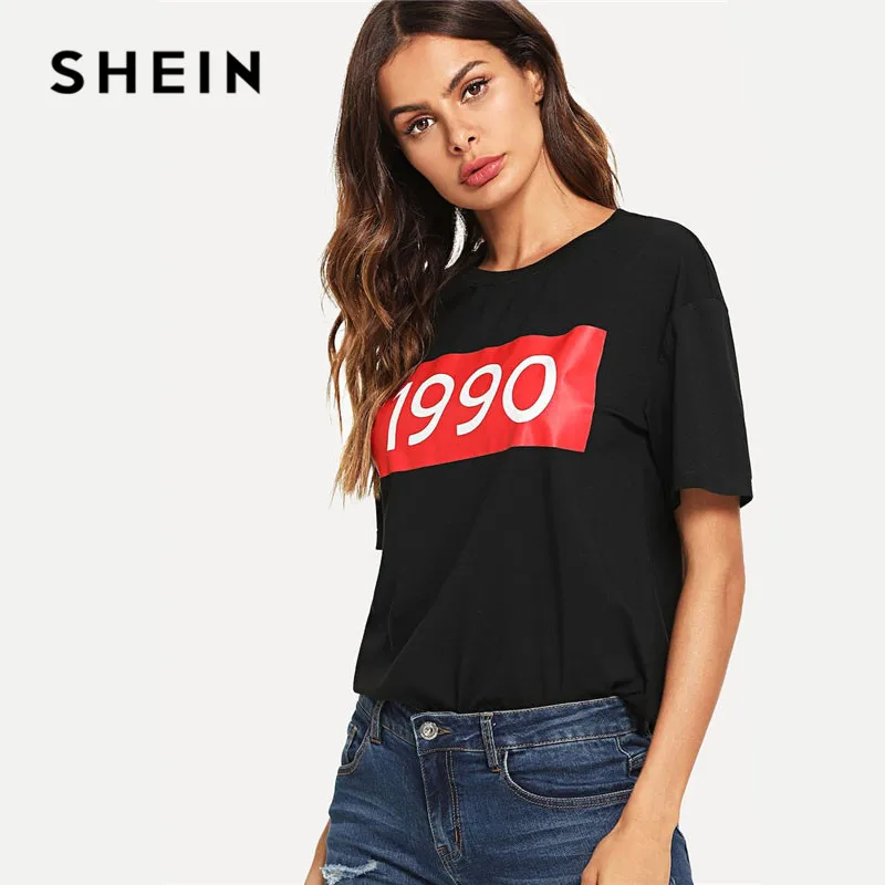 SHEIN Футболка С Текстовым Принтом И Коротким Рукавом Женские Летние Пуловеры С Круглым Вырезом С Коротким Рукавом