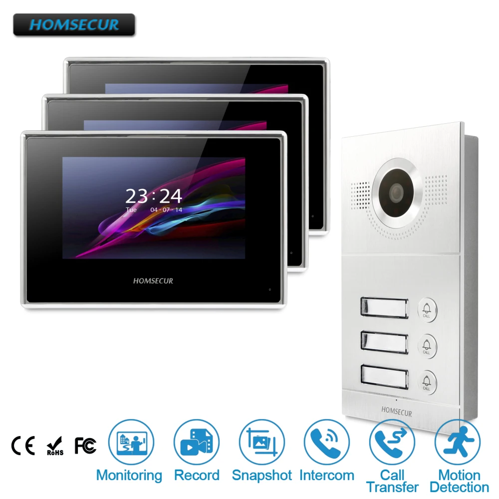 HOMSECUR 7 "Video & Audio Smart Deurbel met Outdoor Monitoring voor 3 Appartement BC121-3S + BM716-G