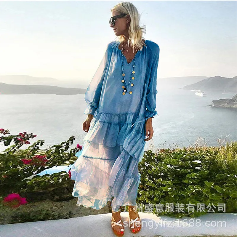 Сексуальные прозрачные богемные пляжные платья с V образным вырезом и длинным