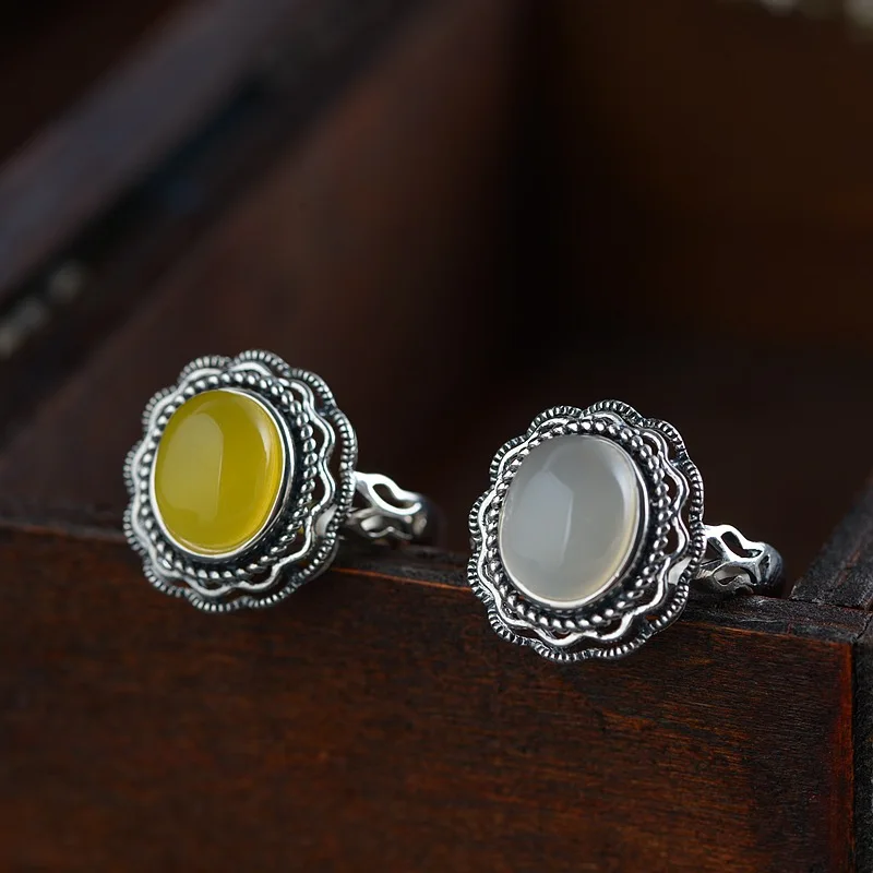 

Golden deer S925 silver inlaid huangbai chalcedony ring wholesale fashion female money open style hollow silver rings