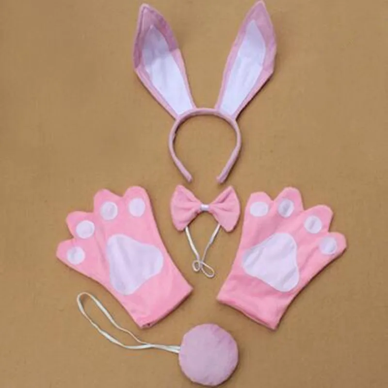 4pcs set pink Новые длинные с заячьими ушками; бант на голову галстук хвост рукавицы-лапы юбка-пачка Детский карнавальный костюм для девочек набор любимая для вечеринки в честь Хэллоуина подарок - Цвет: 4pcs set pink