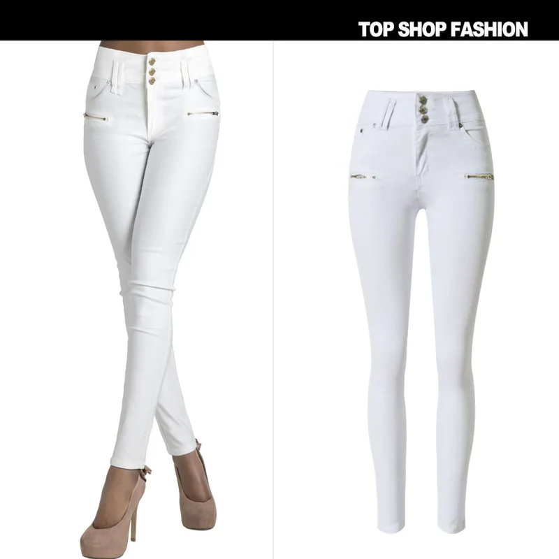 Женские белые джинсы с высокой талией 2018 Стрейчевые обтягивающие эластичные узкие брюки для женщин большие