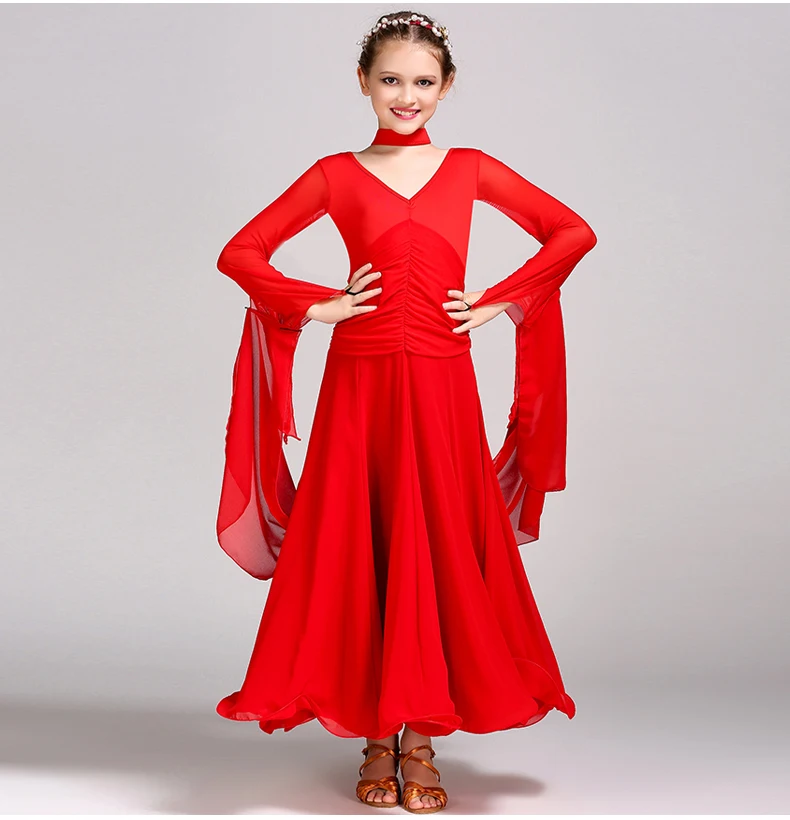 Платье для бальных танцев с длинным рукавом девочек детское цельное платье