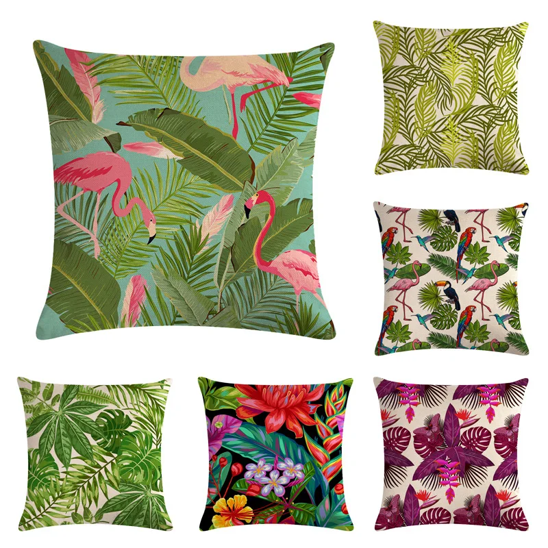 

Tropical Plants Palm Leaf Green Leaves Monstera Cushion Covers Hibiscus Flower Cushion Cover Decorative Beige Linen Pillow Case