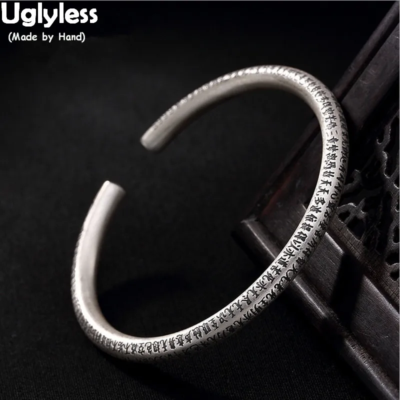 

Uglyless Simple Buddhism Heart Sutra Adjustable Bangles for Buddhists Real 99.9% Full Silver Open Bangles Religious Gifts Bijoux