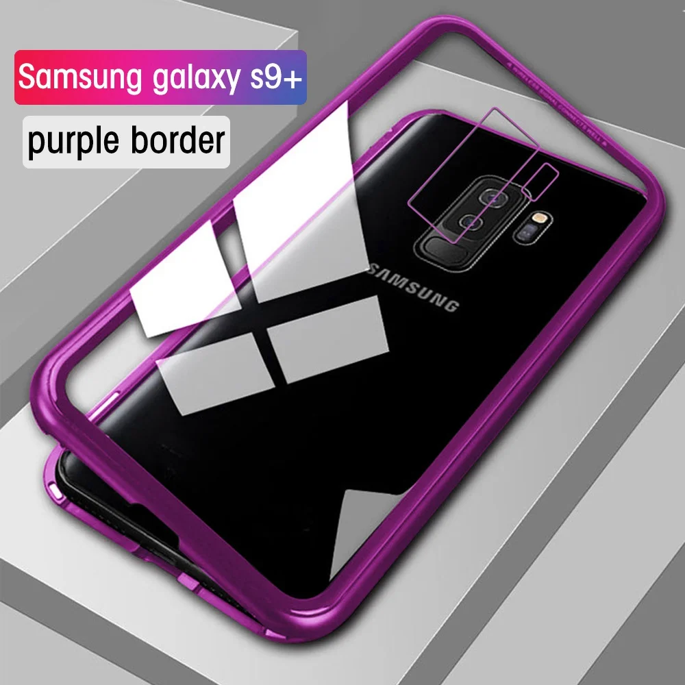Transparent Purple Eqvvol Магнитный адсорбционный металлический чехол для samsung Galaxy S9 S8 Plus S7 Edge закаленное стекло задняя Магнитная Крышка для Note 8 9 чехол s - Цвет: Transparent Purple