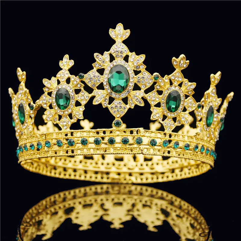 Gold Green Великолепный Винтаж барокко золото queen King тиара Корона для невесты свадебные украшения для волос металл синий кристалл круглый диадема украшения - Окраска металла: Gold Green