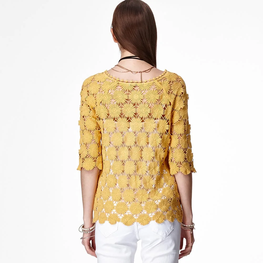 

Summer Lace Blouse For Women Sweet Half Sleeve Hollow Out Tops Mori Girl 2018 New Fashion Knitted Floral Printed Blouses Shirts