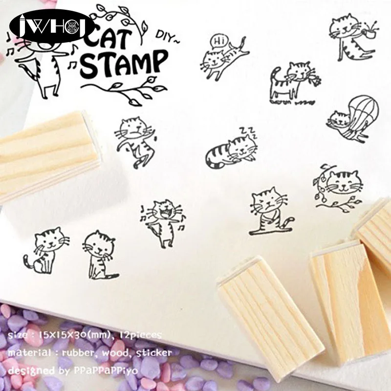 Деревянные и резиновые штампы для скрапбукинга с изображением милых кошек 12 шт.