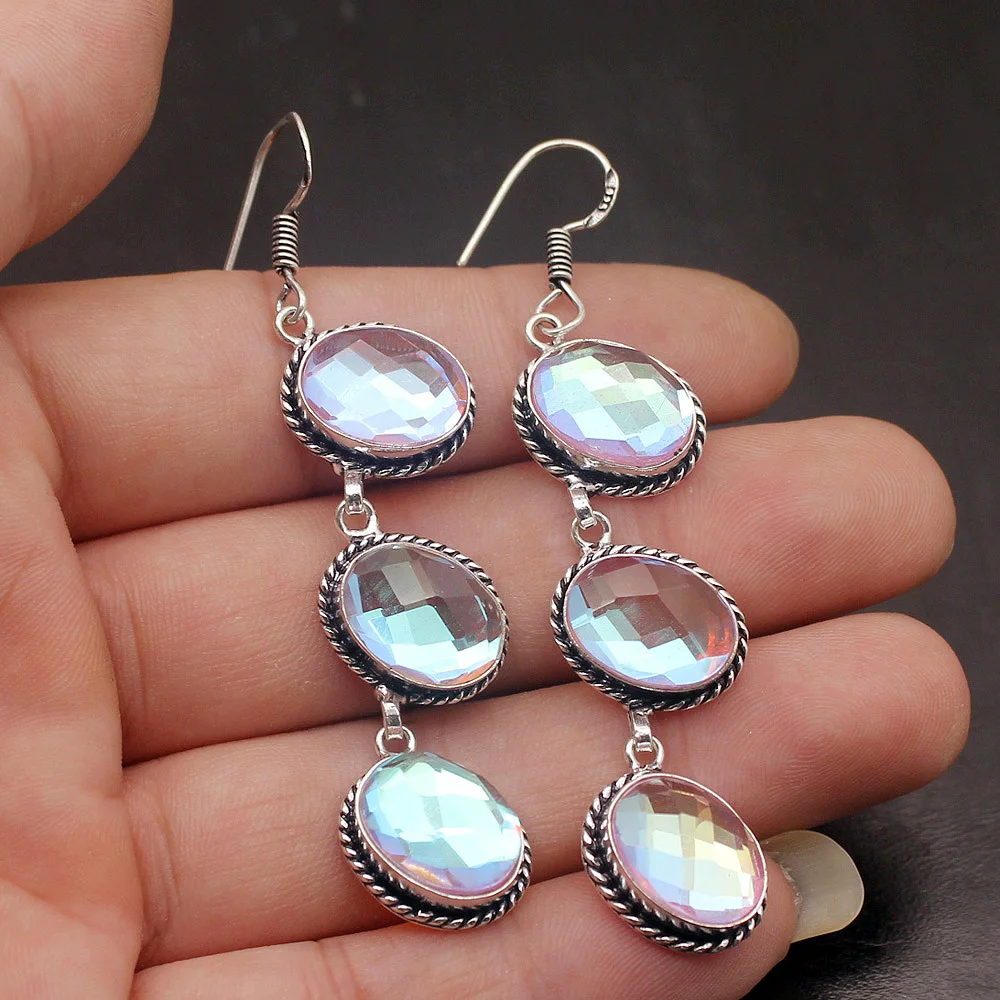 Antique Charms Colorful Shiny Topaz925 Sterling Silver Color Women Dangle Earrings 2 3/4 Inch TF679 Free Shipping | Украшения и