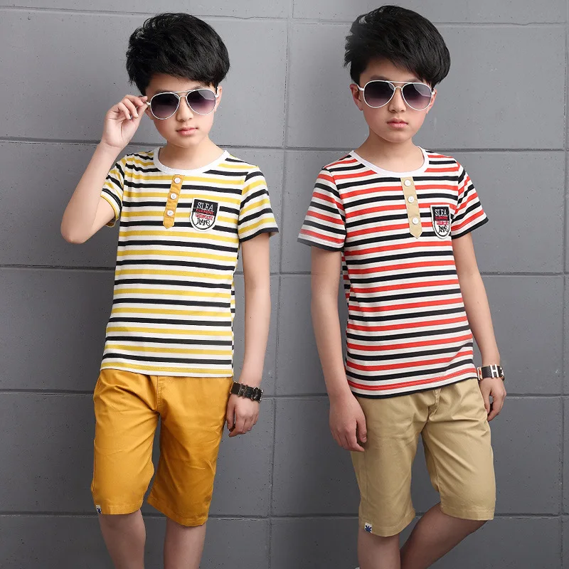 Новая летняя детская одежда Комплекты одежды для мальчиков Двойка футболка +