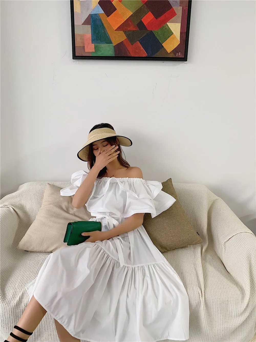 WHITNEY WANG 2019 Летняя мода Уличная Сексуальная Слэш шеи слоистых оборками Мини платье