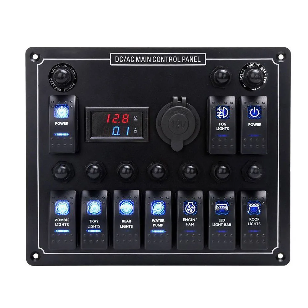 

10 Gang Waterproof Car Auto Boat Marine LED AC/DC Rocker Switch Panel Circuit Breaker Digital Voltmeter & 12V Cigarette Socket