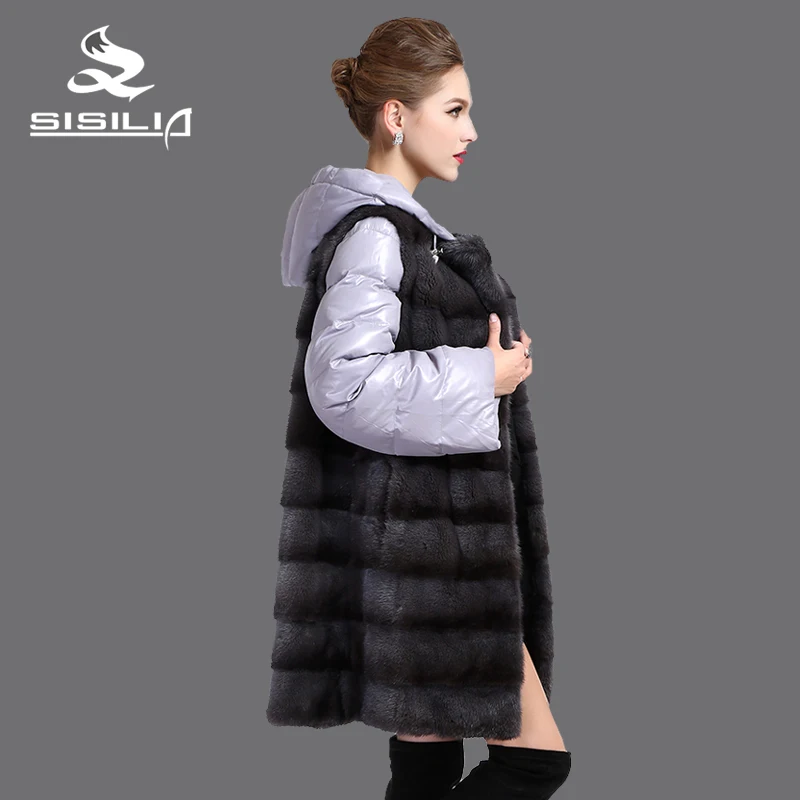 SISILIA 2016 Новый стиль дамский норки пальто Натуральная Кожа Норковая шуба съемная