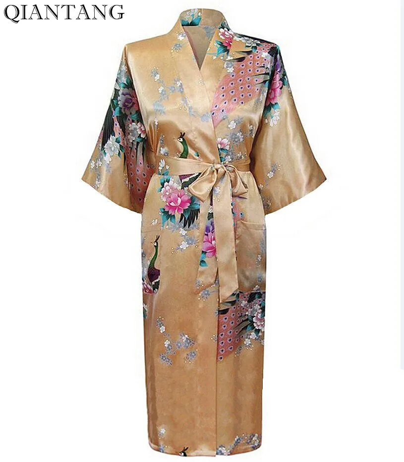 Модное Золотое китайское женское шелковое кимоно банное платье Женская Весенняя
