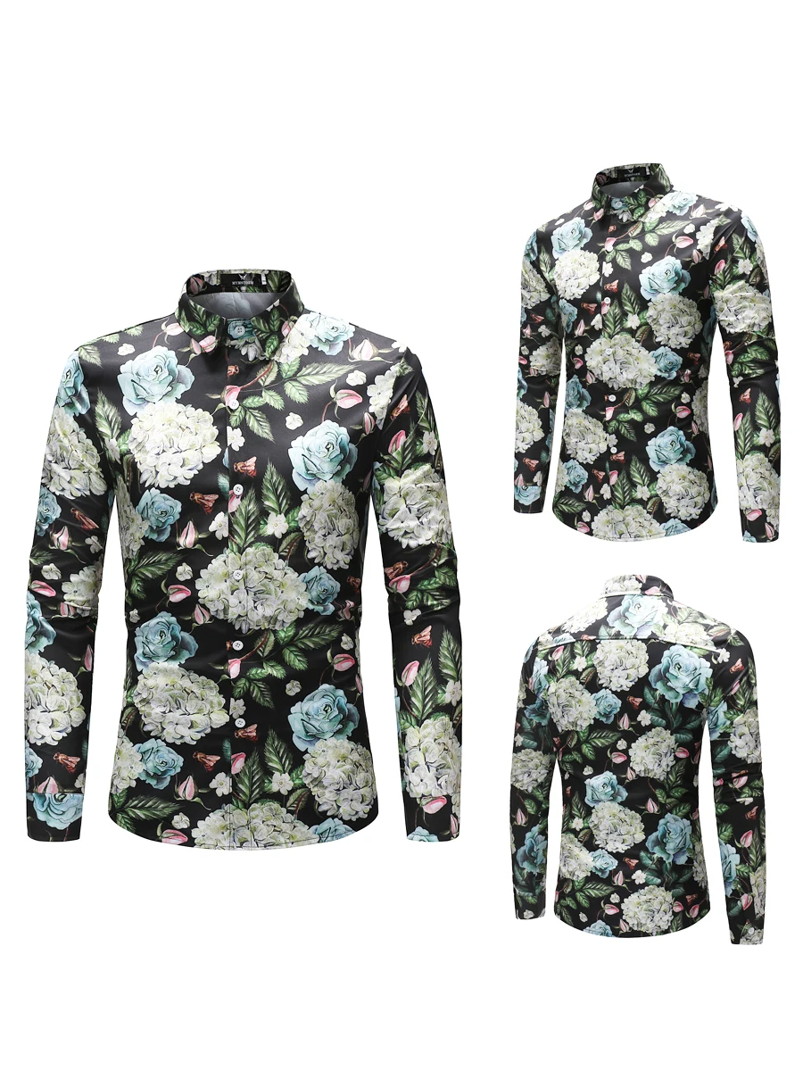 Модные мужские Slim Fit Футболка с цветочным принтом Повседневное с длинным рукавом Мужская классическая рубашка роскошные Топы