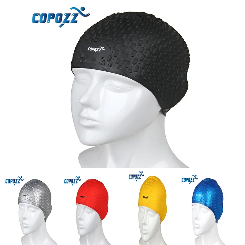 COPOZZ Flexible Silicone Waterproof Unisex Adult Waterdrop Swimming Cap Swim for Hair Hat Cover Ear free size for Women Men