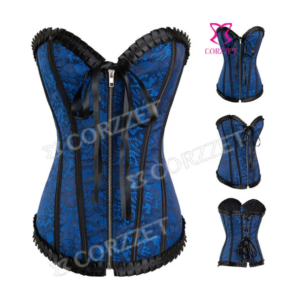 

New Blue Jacquard Front Zipper Corset Body Shaper Women Overbust Corsette Corselet Gothic Burlesque Sexy Bustier Top For Female