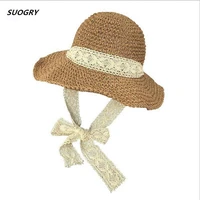 2019 new summer boater hats for women straw sun hat womens lace ribbon bow wide brim panama hats beach hat floppy female caps
