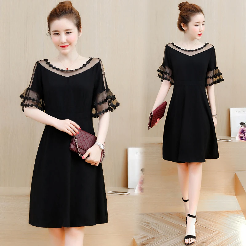 

Women Dress Plus Size 5XL Casual Elagant Solid Black Dresses 2019 Summer Ladies A-Line Mesh Patchwork Dress Feminino Vestido