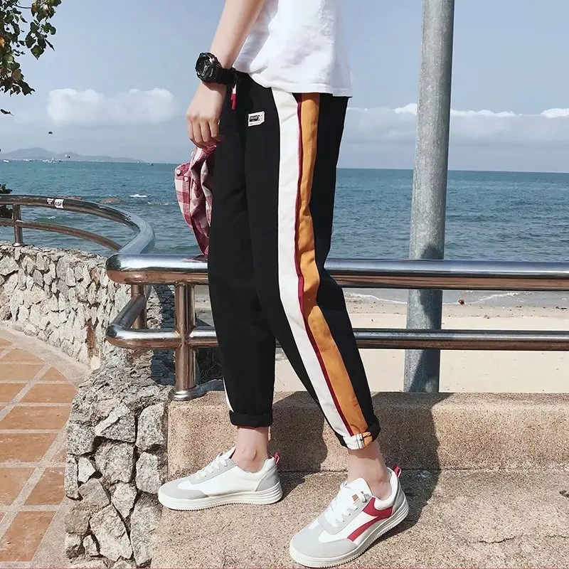 2018 Spring New Arrivals Men Fashion Loose Hit Color Black/khaki Casual Pants Elastic Waist Bound Feet Side Stripe Trousers Tide | Мужская