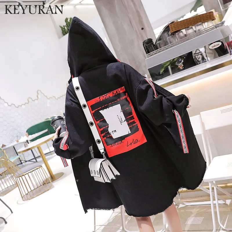 Женская джинсовая куртка с капюшоном свободная винтажная длинным рукавом и